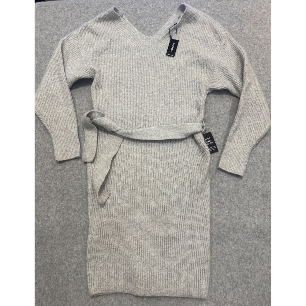 Express Womens V-Neck Ribbed Knit Belted Sweater Dress Light Gray Small NEW